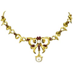 18k yellow gold ladies necklace with rubies and freshwater pearls, 1970
s