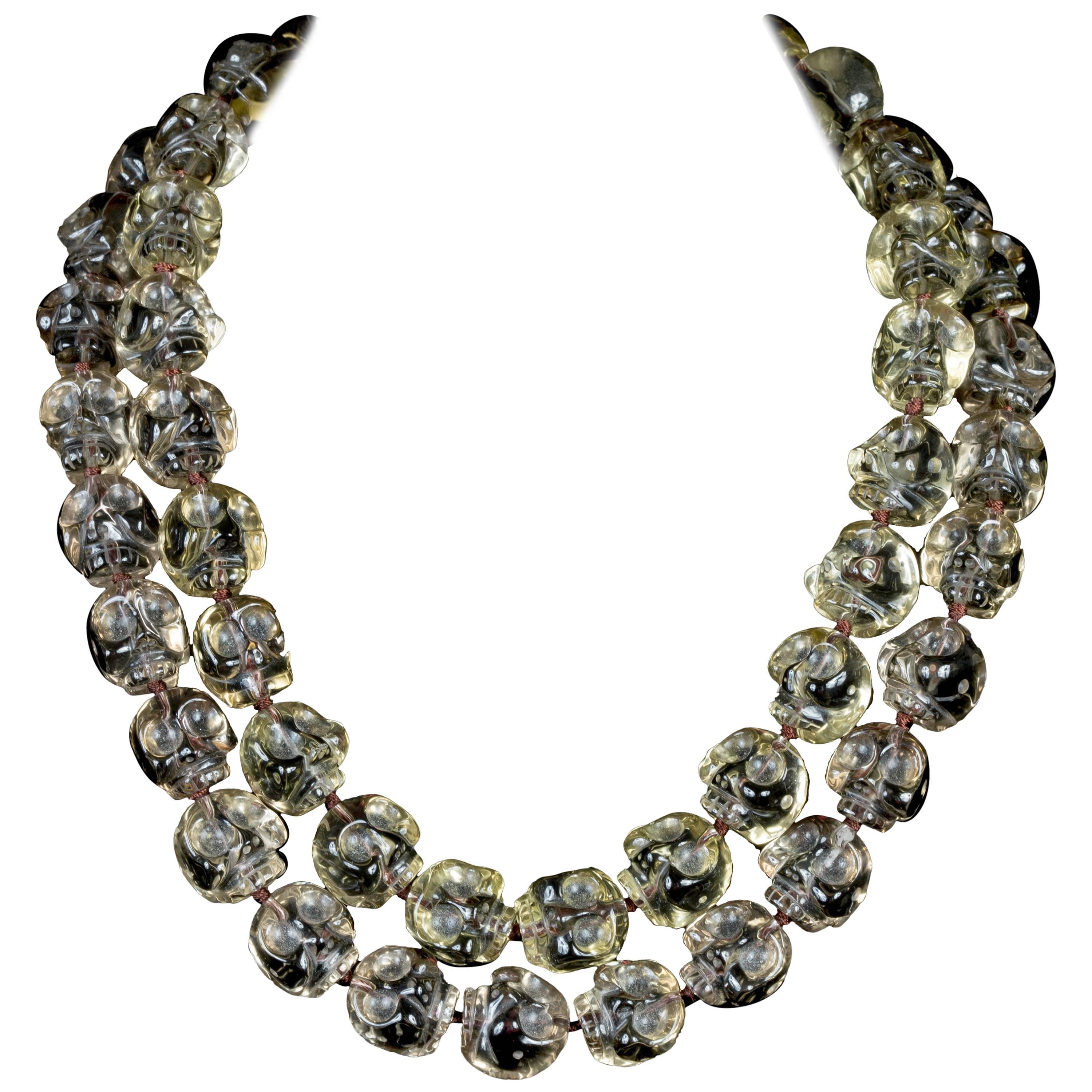 Beautifully Carved Smoky Quartz Skulls in Double Line Necklace