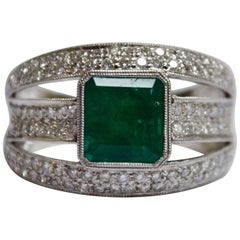 Emerald Diamond 18 Karat Gold Three-Row Wide Band Ring