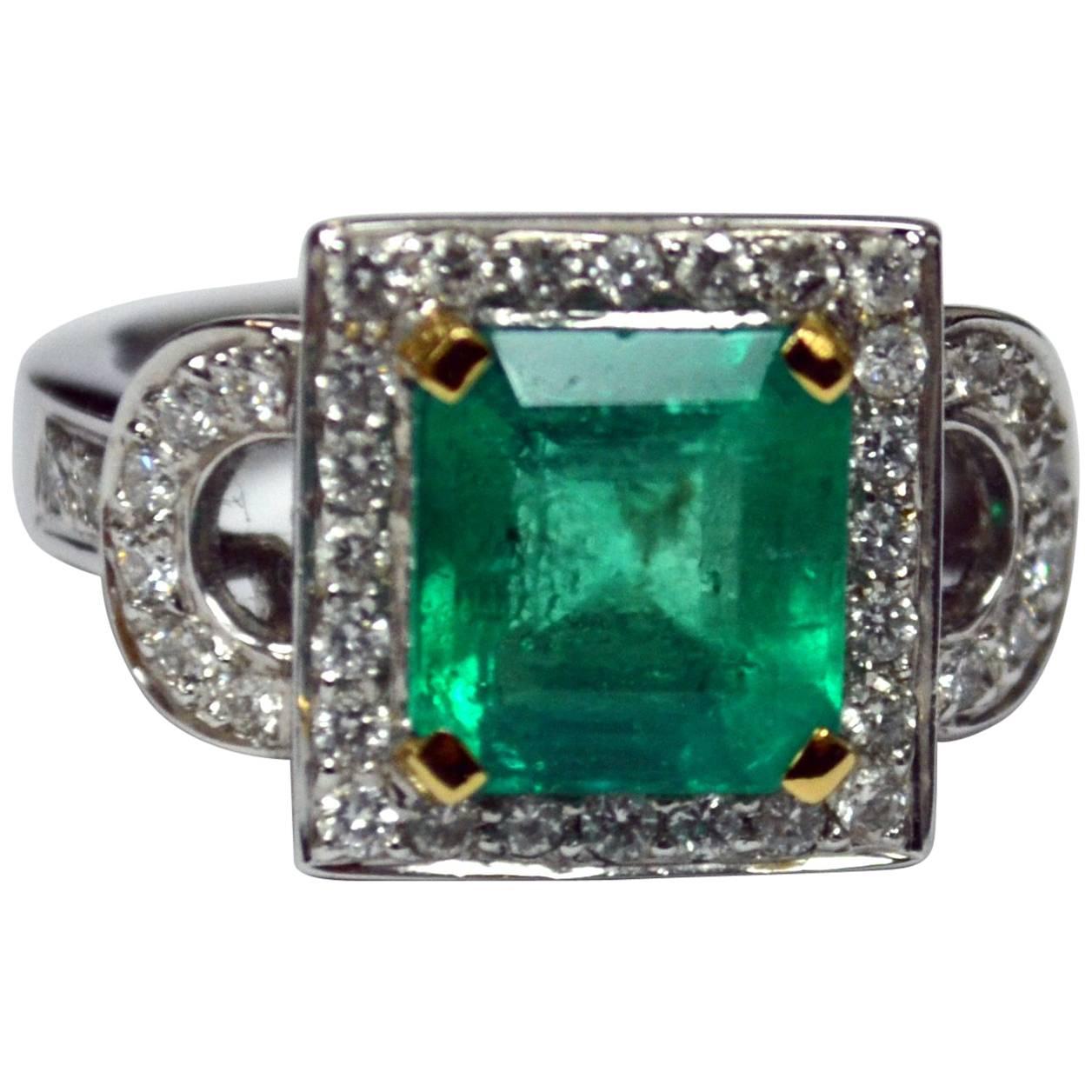Asscher Cut Emerald Diamond 18 Karat Gold Ring For Sale