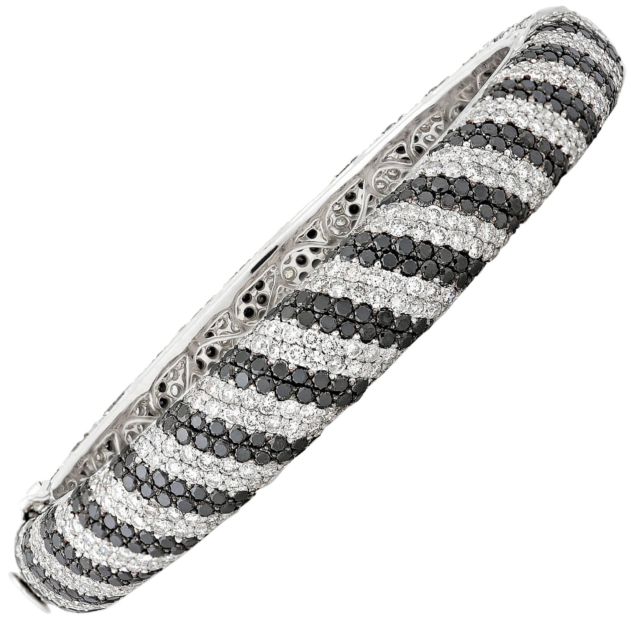 Black and White Diamond Bangle Bracelet, 19.88 Carats 