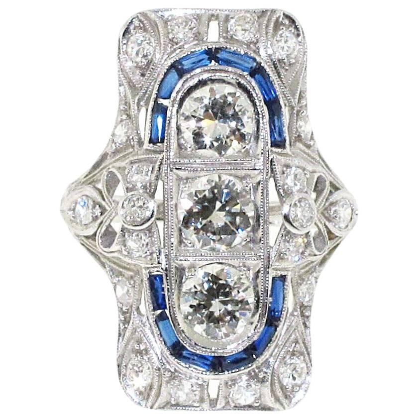 Platinum Diamond and Synthetic Sapphire Deco Style Ring