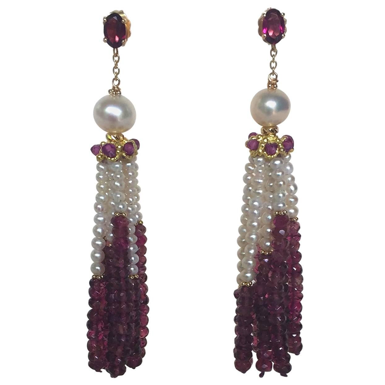 Graduated Pearl and Garnet Tassel Earrings with 14k Gold by Marina J 
