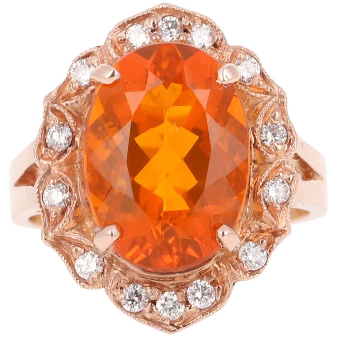 4.27 Carat Fire Opal Diamond 14K Rose Gold Ring