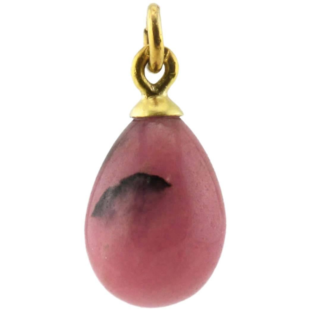 Antique Russian Carved Semiprecious Rhodonite and Gilded Silver Pendant Egg