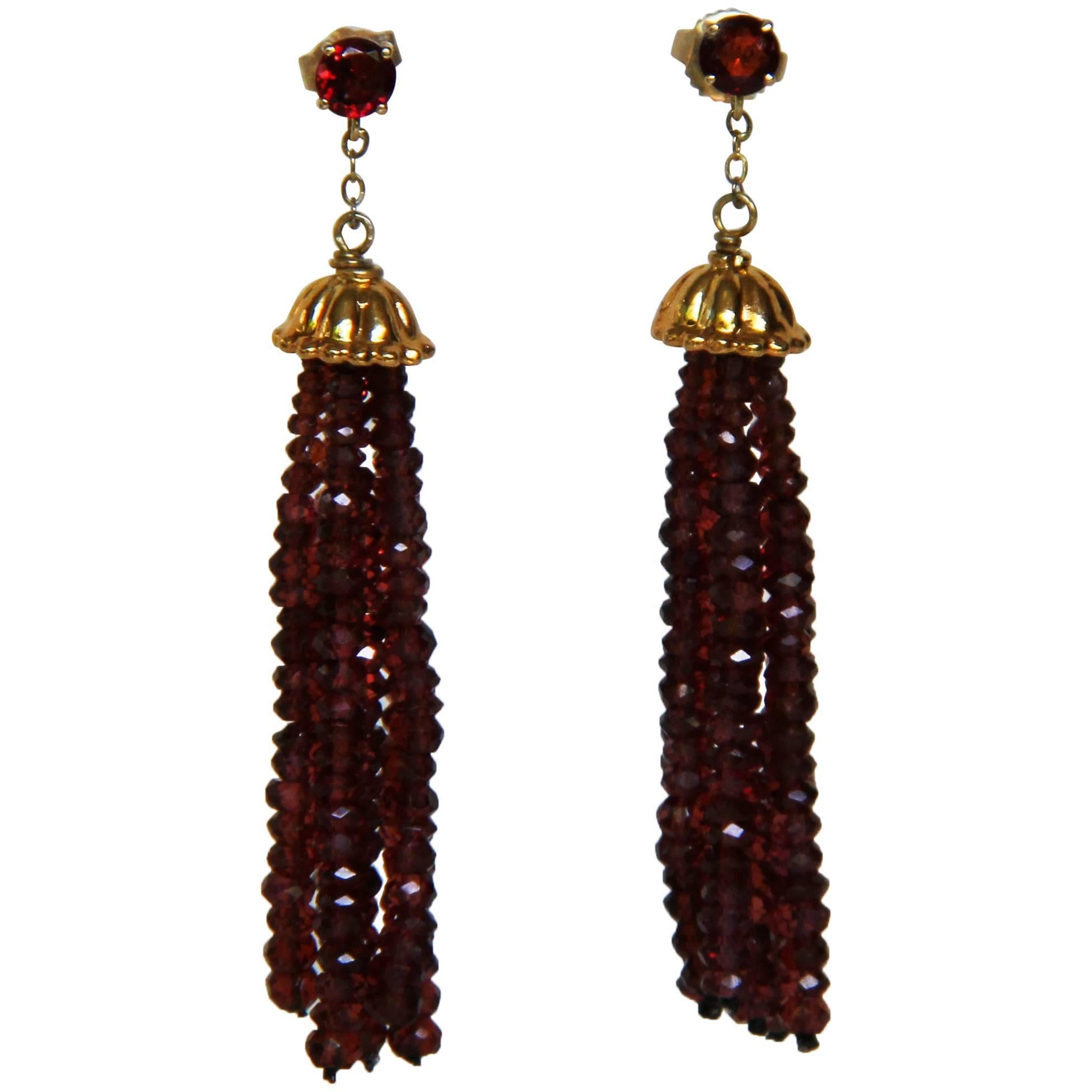 Garnet Tassel Earrings with Gold-Plated Silver Cup and Gold Stud by Marina J