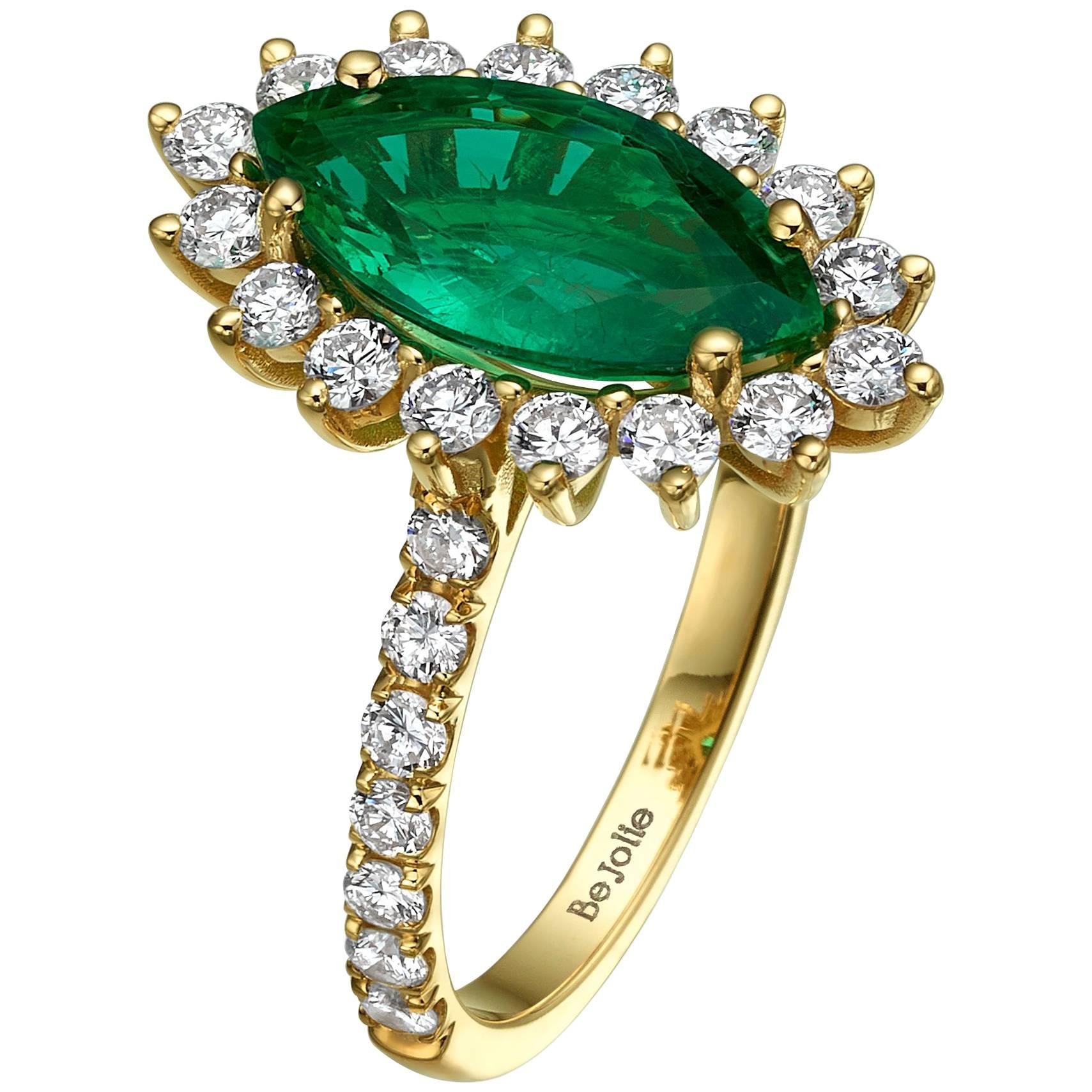 1.90 Carat Marquise Cut Natural Emerald and Diamond Engagement Ring