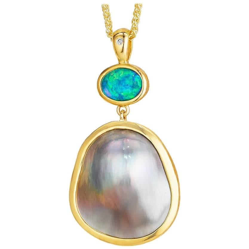 Australian Opal with Sea of Cortez Mabe Pearl and 18 Karat Gold Pendant Necklace