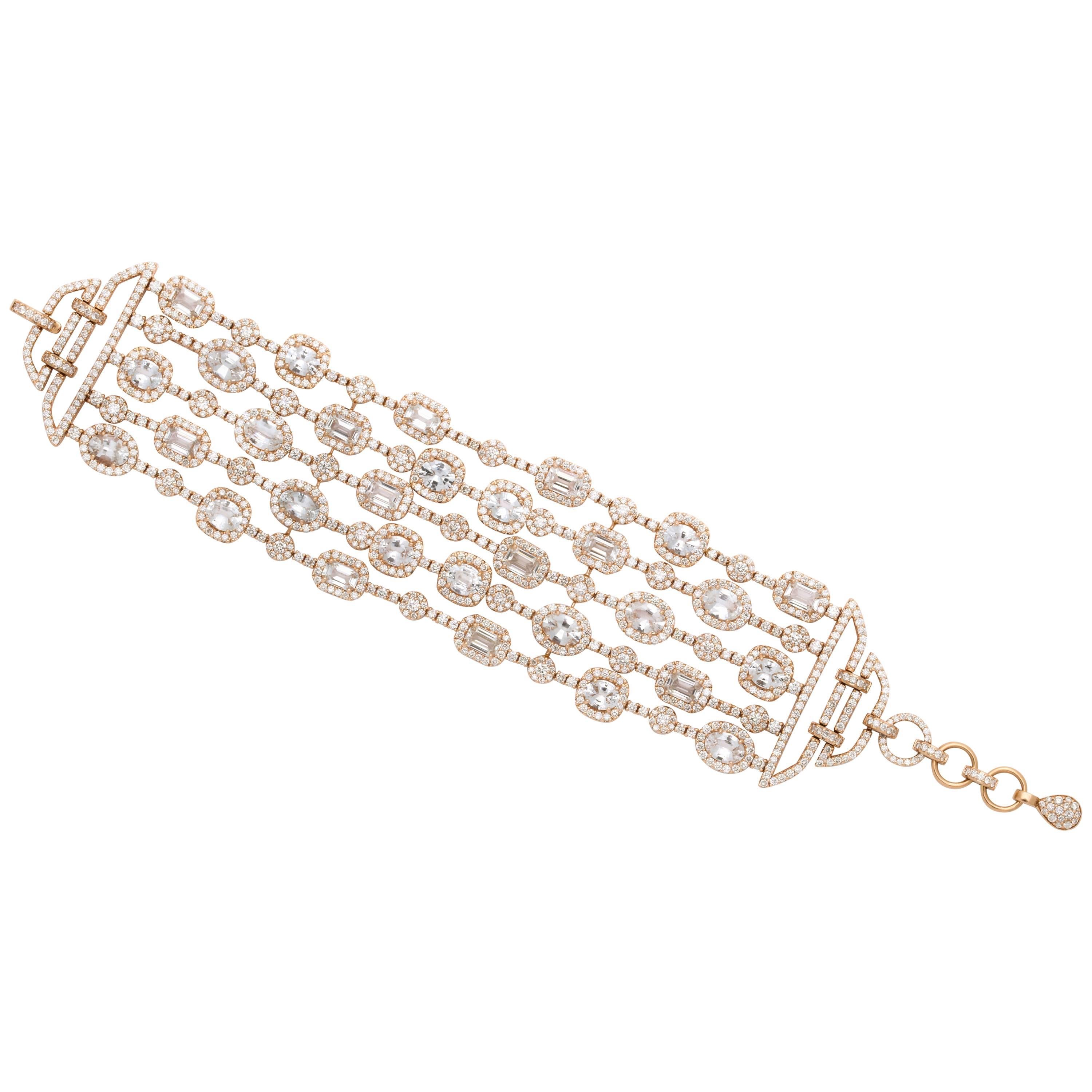 Five Strand Diamond and White Sapphire Rose Gold Strap Bracelet For Sale