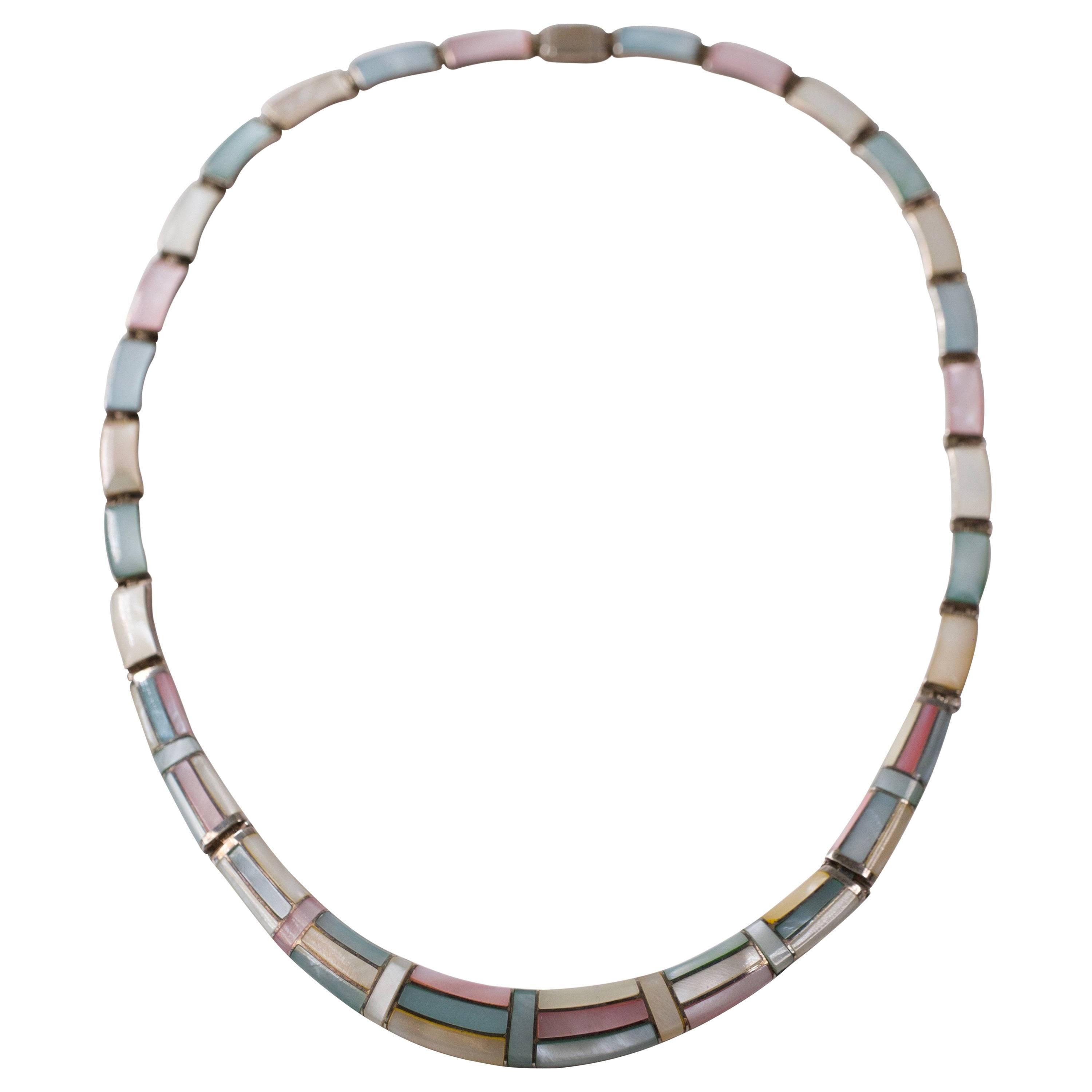 1950s Natural Pastel Shell Inlay Sterling Silver Necklace