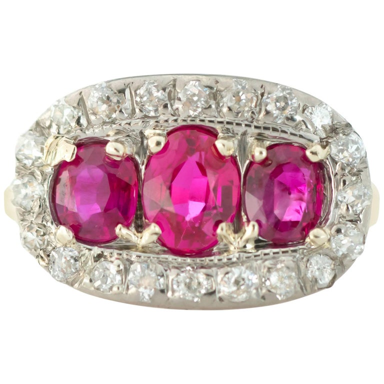 Bague Tank Vintage En Or 18k Et Platine Avec Diamants Et Rubis - Taille 53/53.5, Années 40, état Parfait