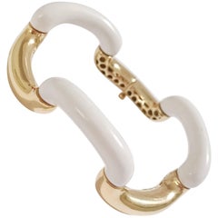 18 Karat Yellow Gold and White Jade Tubular Bracelet