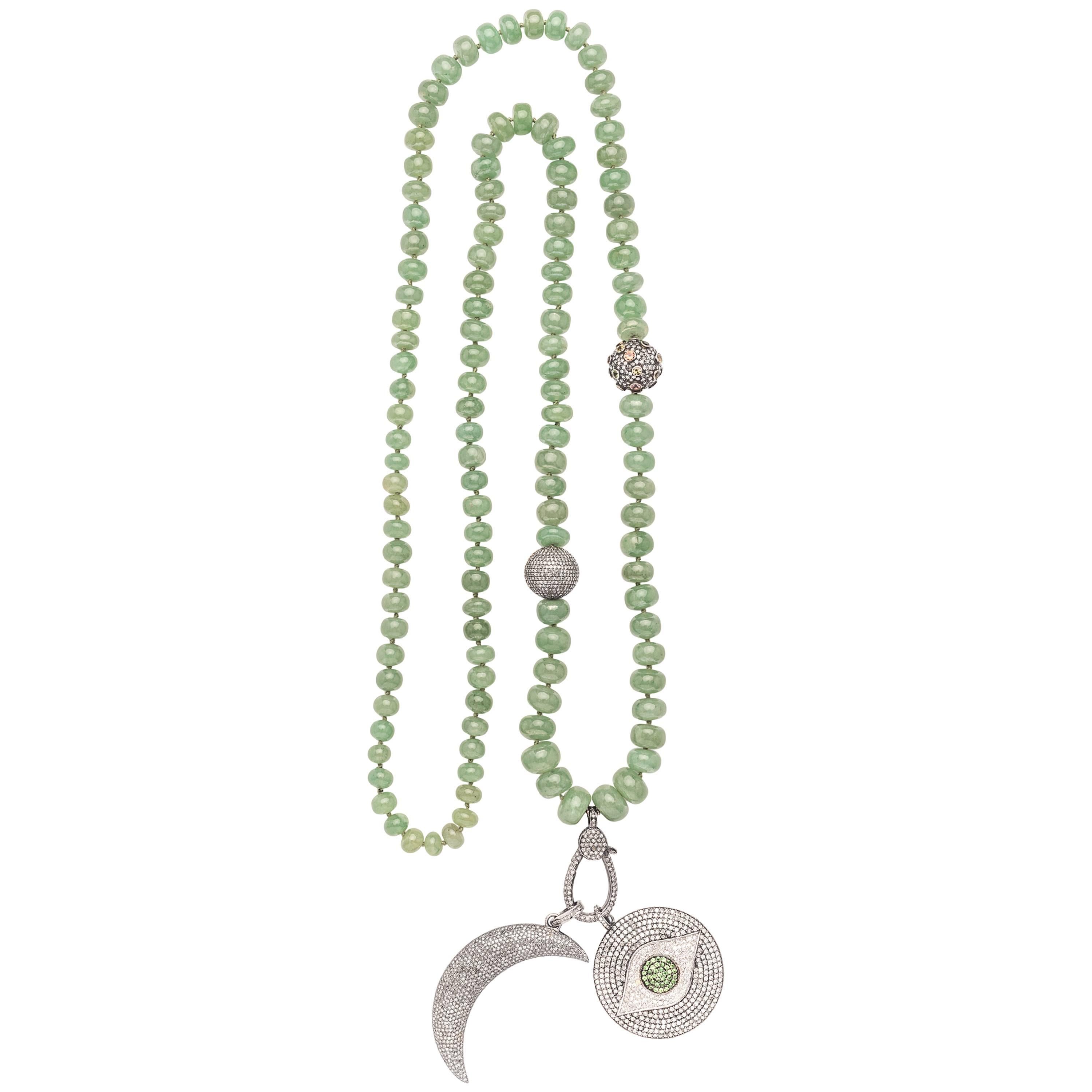 Evil Eye Crescent Raw Emerald Beaded Necklace