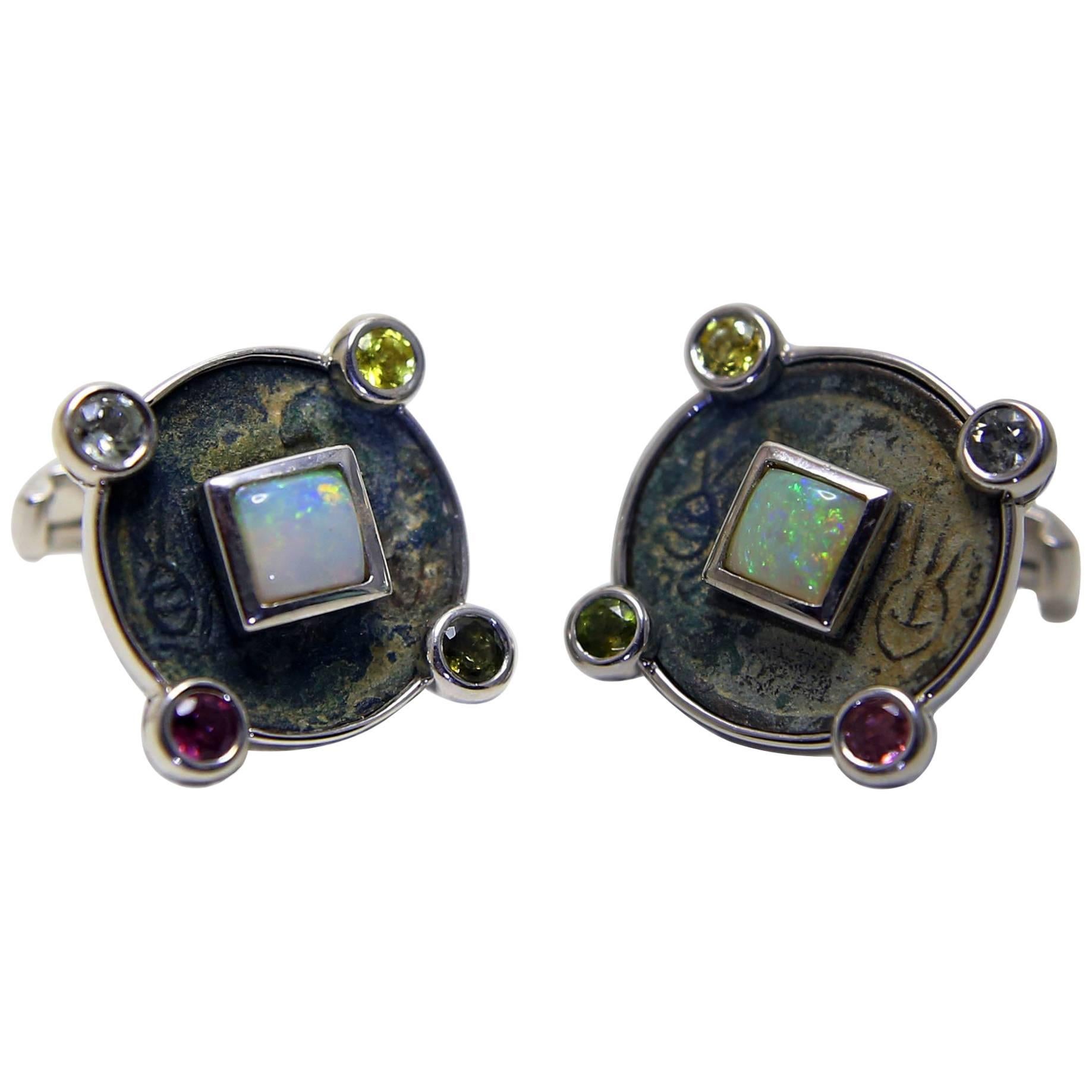 Antique Coins Opals Tourmalines Silver Chinese Zodiac Cufflinks For Sale