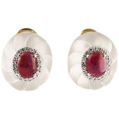 Cristal de Roca Rubíes Diamantes Oro Amarillo  Pendientes