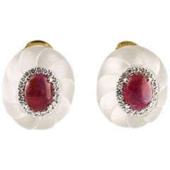 Cristal de roche Rubis Diamants Or jaune  Boucles d'oreilles