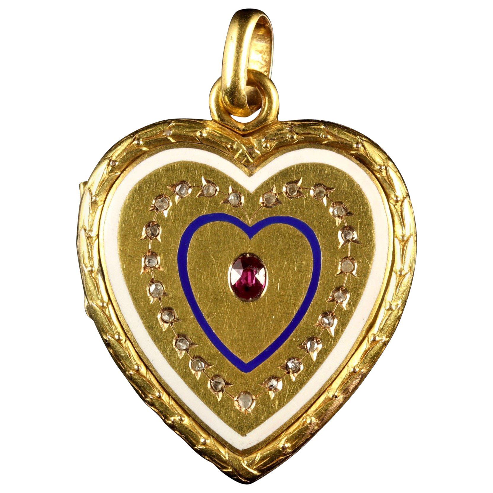 Antique Georgian Diamond Ruby Enamel 18ct Gold Heart Locket Pendant, circa 1830