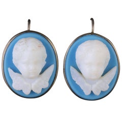 Antique Victorian Blue White Angel Cherub Earrings, circa 1900