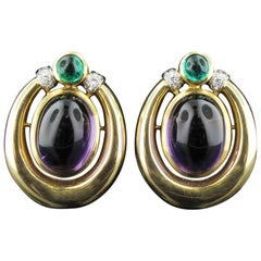 David Webb Amethyst, Diamond, and Emerald in 18KT Yellow Gold Earrings