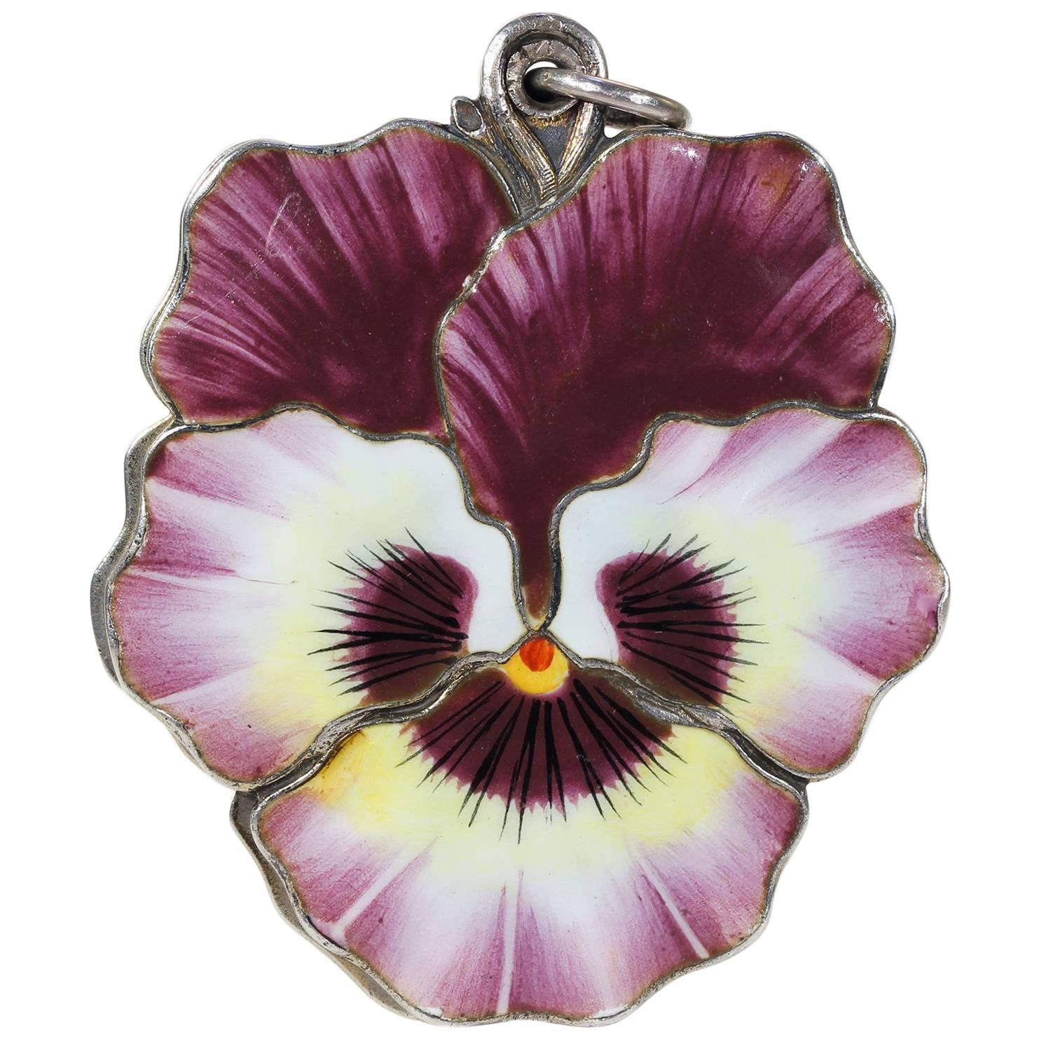 Edwardian Pansy Flower Enamel Locket Silver For Sale