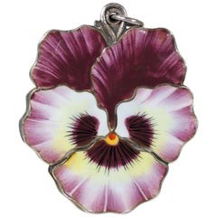 Antique Edwardian Pansy Flower Enamel Locket Silver