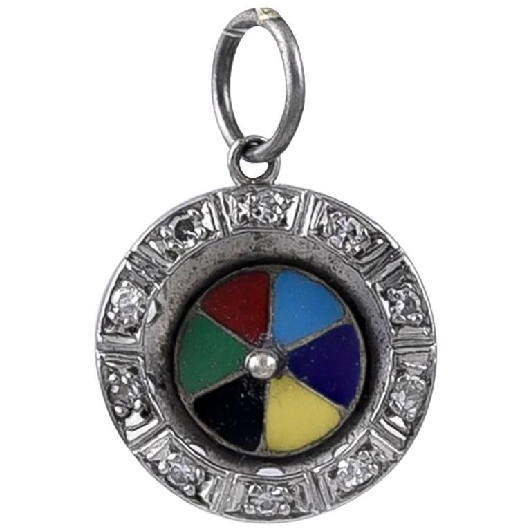 Antique Platinum, Diamond Enamel Roulette Wheel Charm For Sale (Free