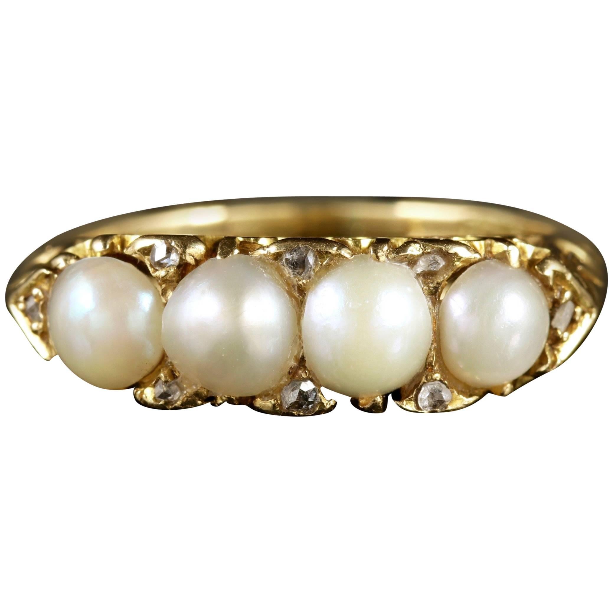 Antique Victorian 18 Carat Gold Pearl Diamond Ring, circa 1880