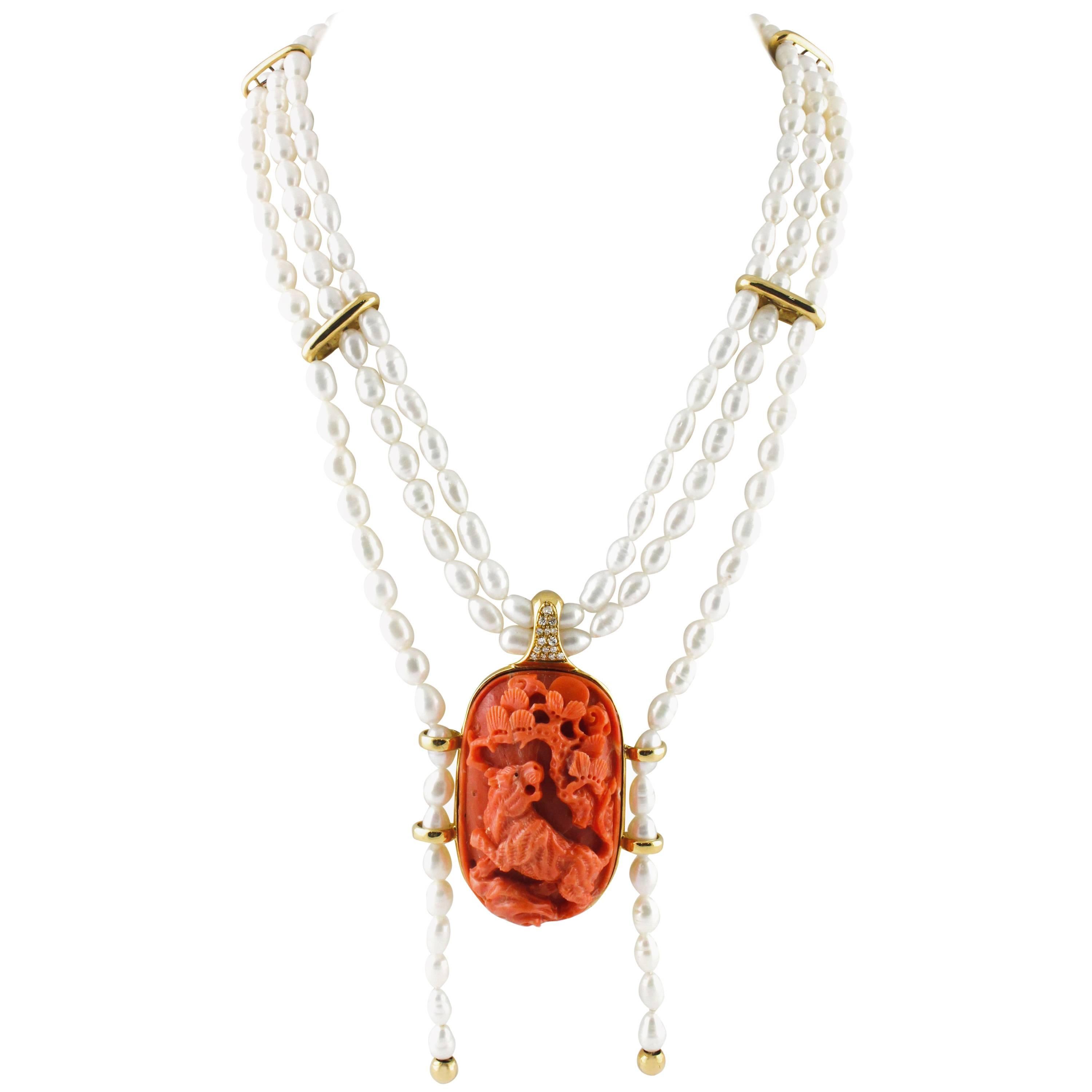 Engraved Face on Red Coral, Diamonds, Pearls Rows, 18K Yellow Gold Necklace