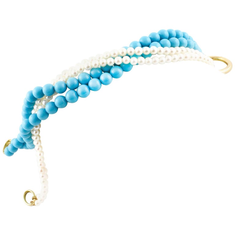 Turquoise Natural Pearls Yellow Gold Beads Bracelet at 1stDibs