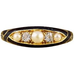 Antique Diamond and Cultured Pearl Mourning 18 Carat Gold Ring