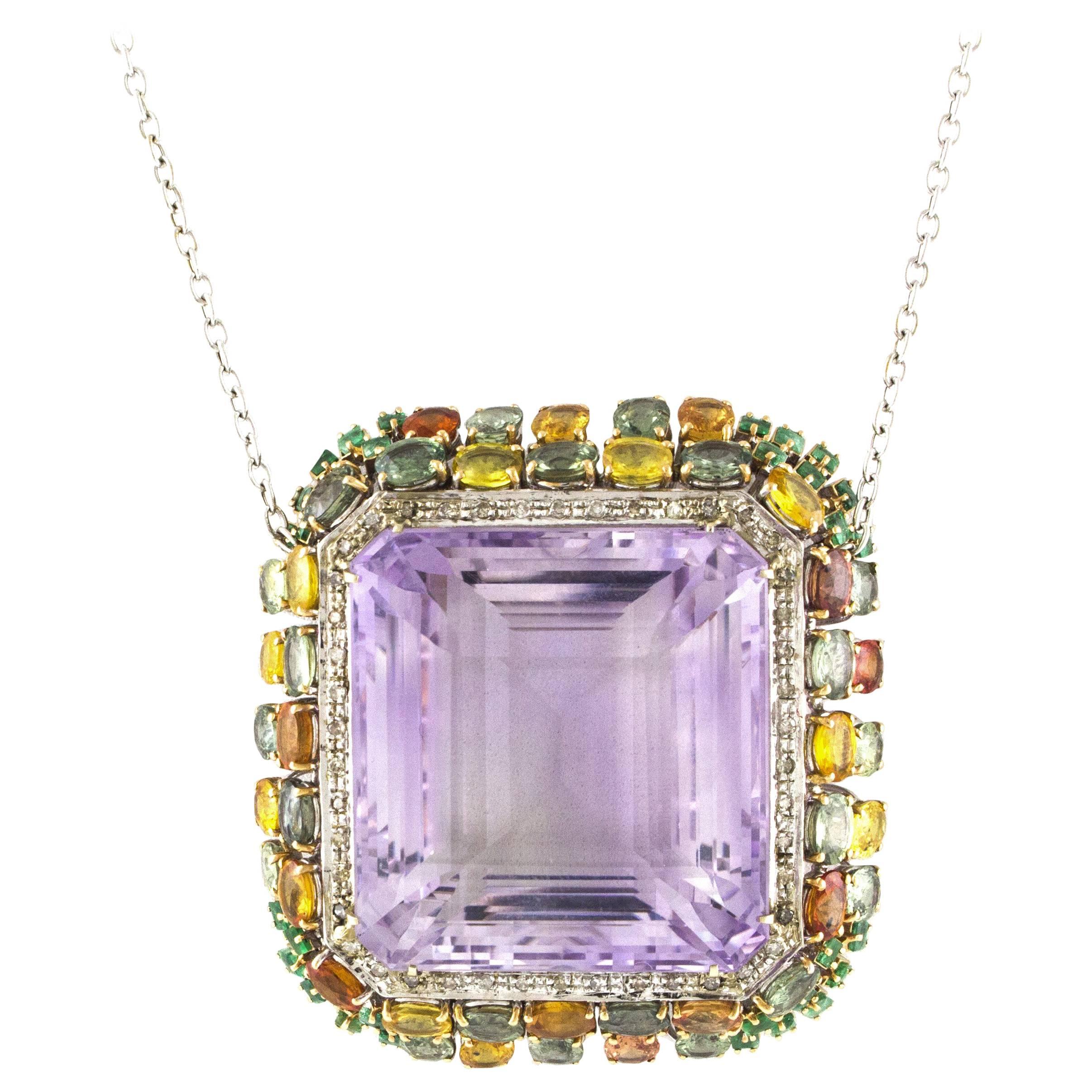  Diamonds Amethyst Sapphires Emerald White Gold Pendant  For Sale