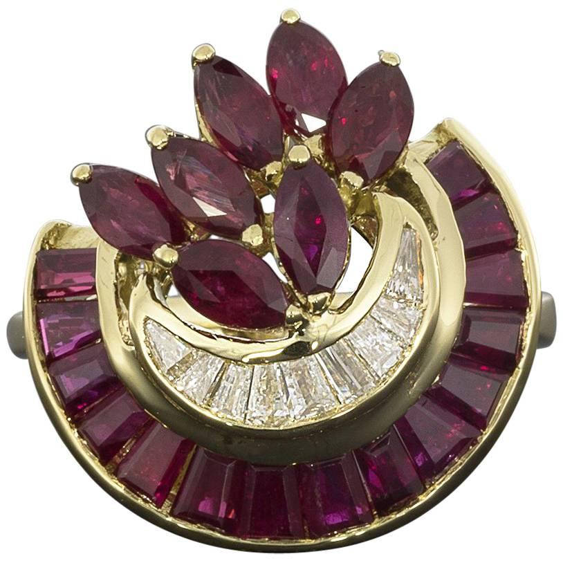 Yellow Gold Vintage 3 Carat Ruby Diamond Art Deco Crescent Channel Ring