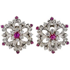 Vintage 1.0 Carat Ruby 1.95 Carat Diamond Unique Flower Earrings Vintage 1.0 Carat Ruby 1.95 Carat Diamond Unique Flower Earrings