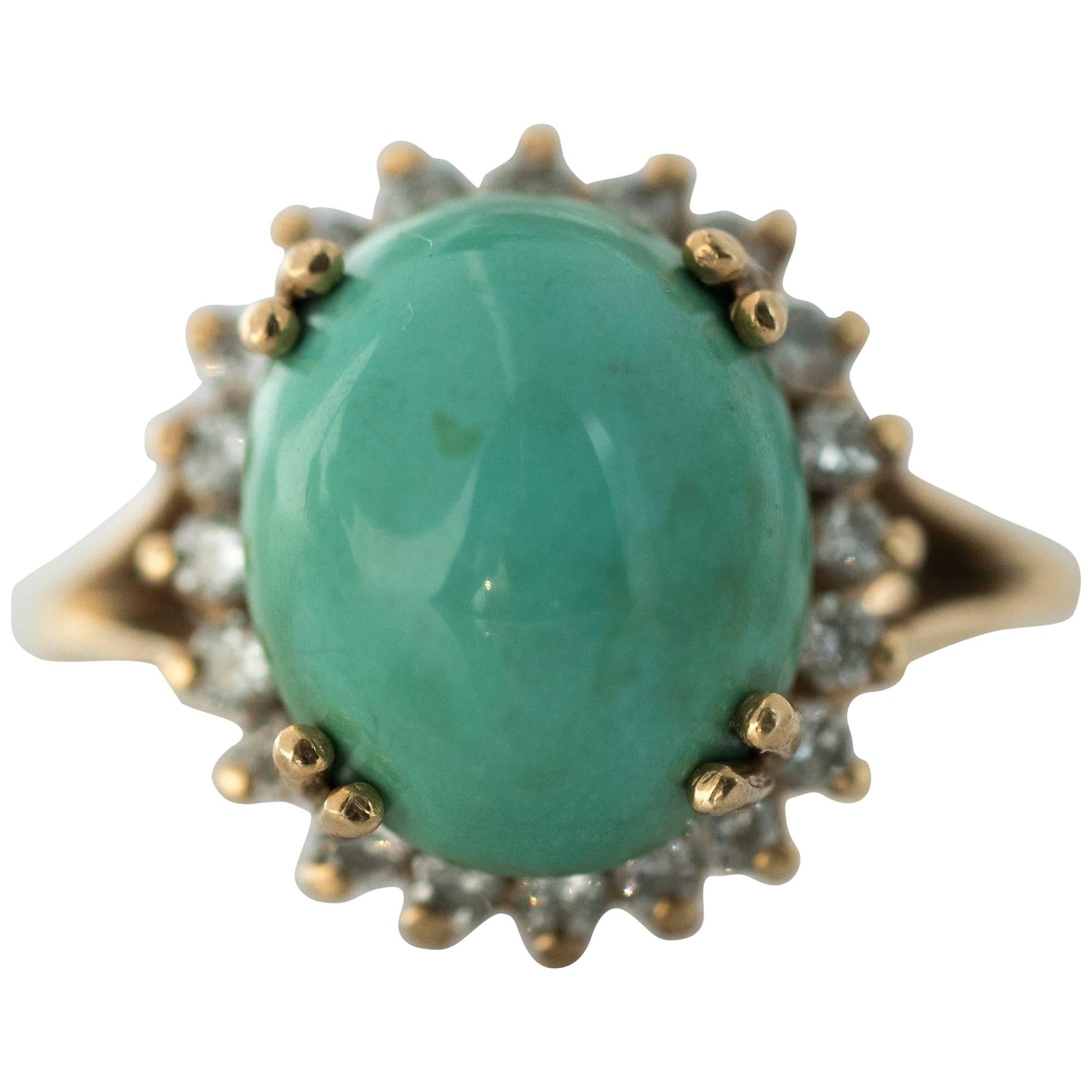 1950s Tiffany & Co. Persian Turquoise Cabochon Diamond Halo 14 Karat Gold Ring