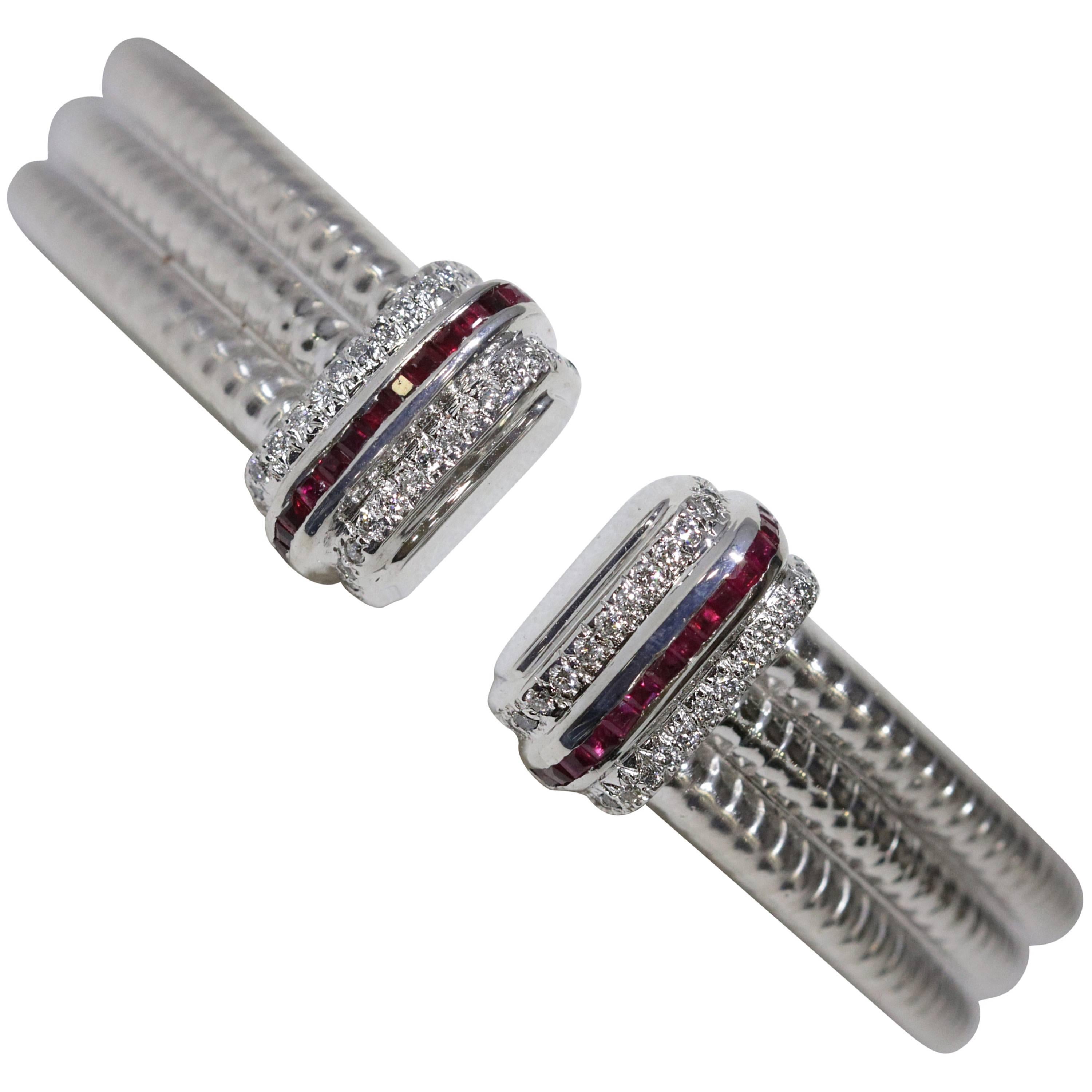 White Gold Diamond and Ruby Cuff Bracelet For Sale