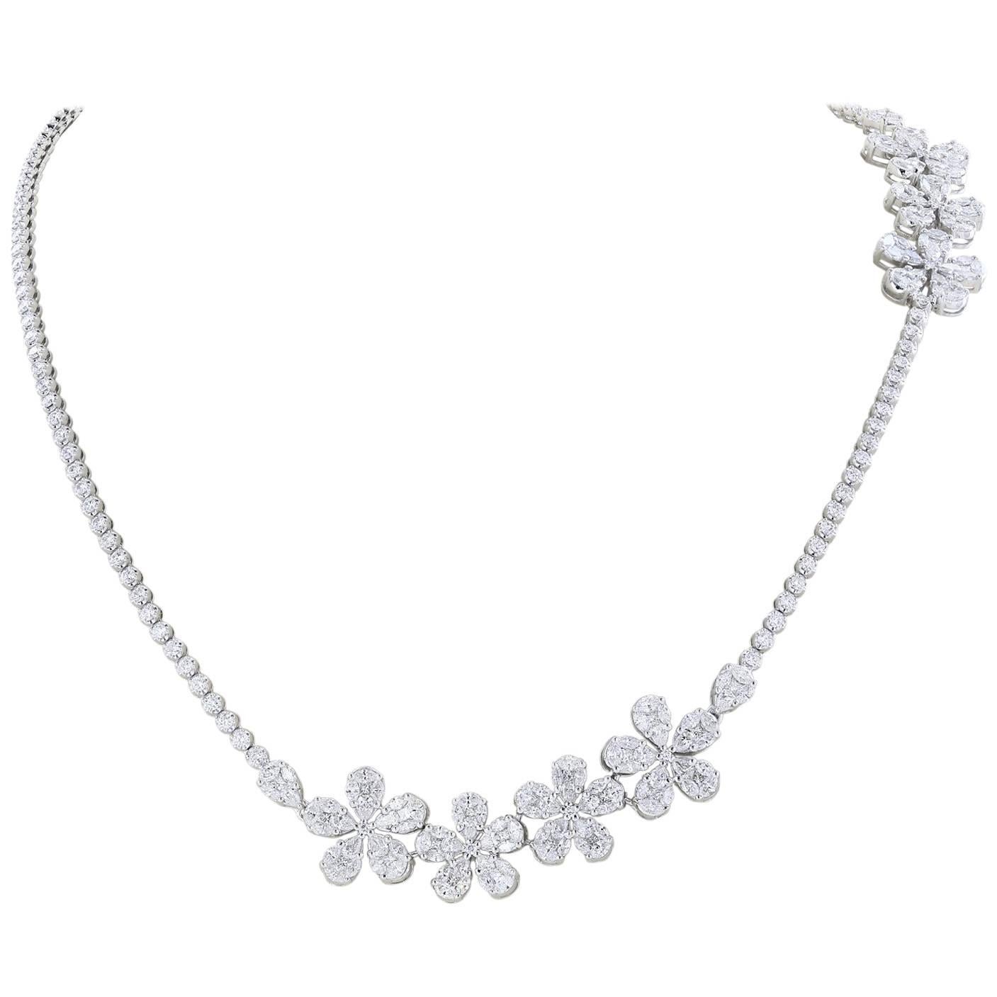 Diamond Necklace with Flower Motifs For Sale