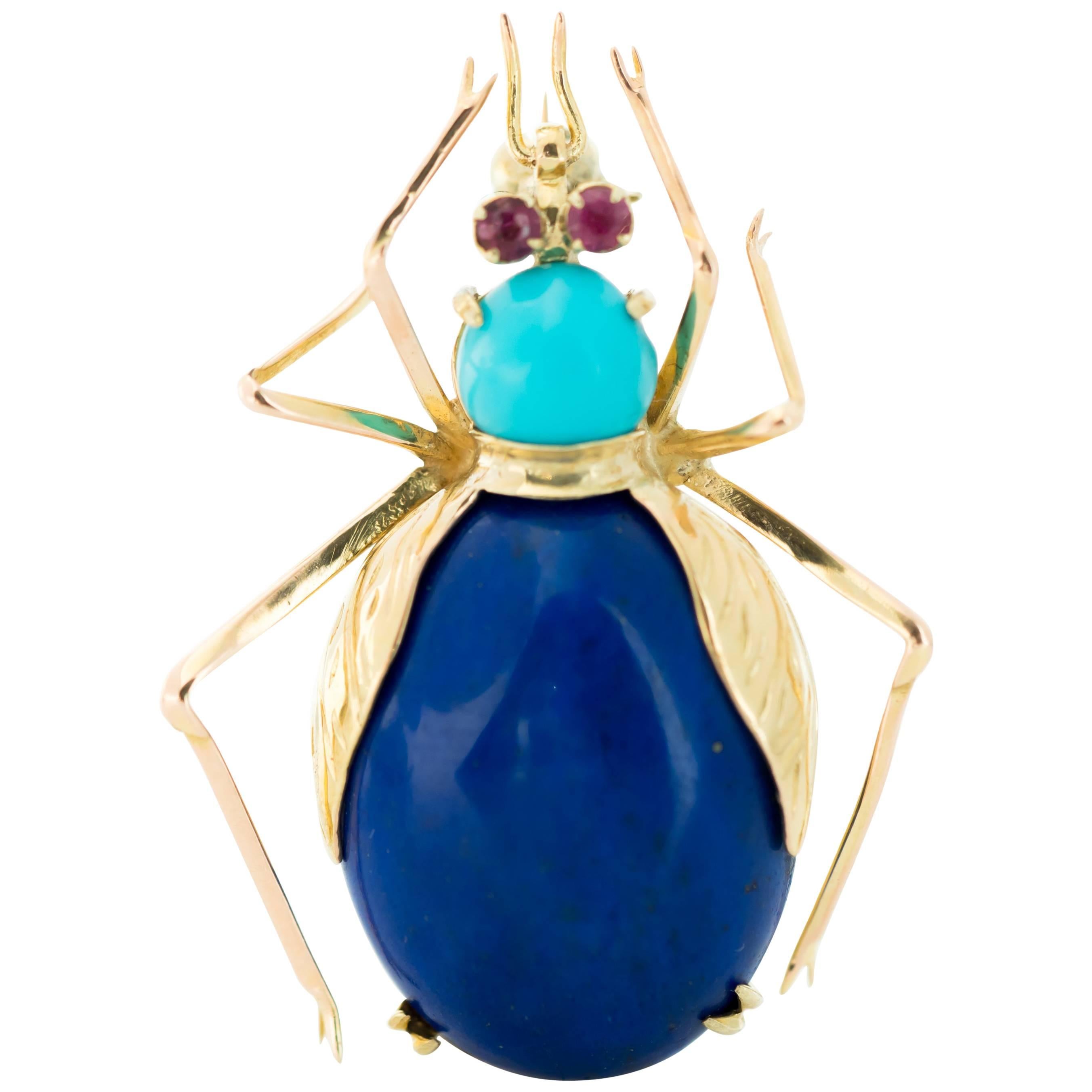 1950s Lapis Lazuli, Turquoise and Ruby 14 Karat Gold Insect Brooch