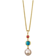 Solid Australian Opal, Sea of Cortez Pearl and Ruby 18K Pendant Necklace