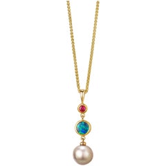 Solid Australian Opal, Sea of Cortez Pearl and Ruby 18K Pendant Necklace