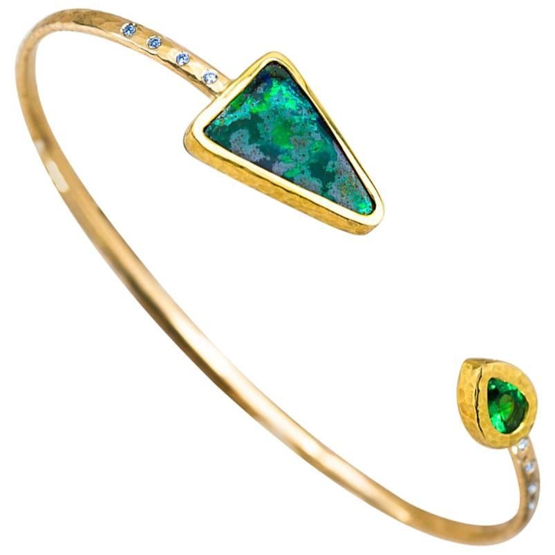Australian Boulder Opal, Tsavorite and Diamond 18 Karat Gold Cuff Bracelet For Sale