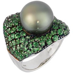 Black South Sea Pearl and Tsavorite Ring