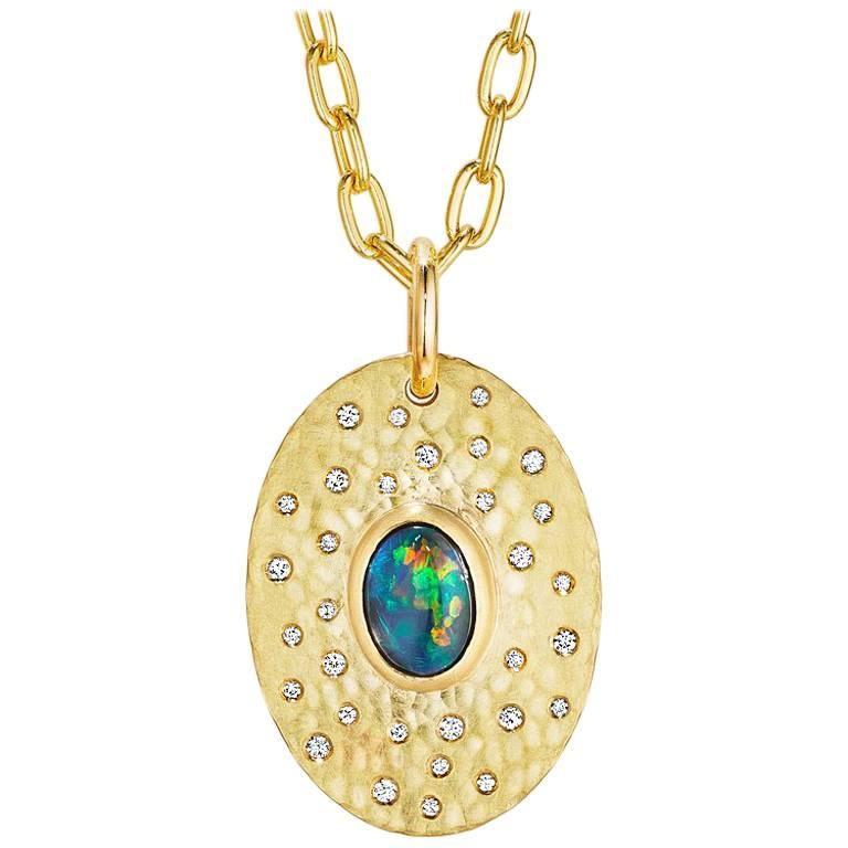 Large Solid Australian Opal, Diamond and 18 Karat Gold Pendant Necklace  For Sale