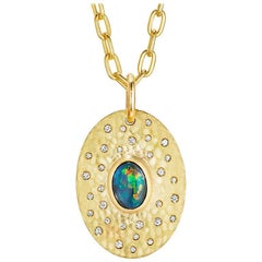 Large Solid Australian Opal, Diamond and 18 Karat Gold Pendant Necklace
