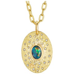 Large Solid Australian Opal, Diamond and 18 Karat Gold Pendant Necklace 