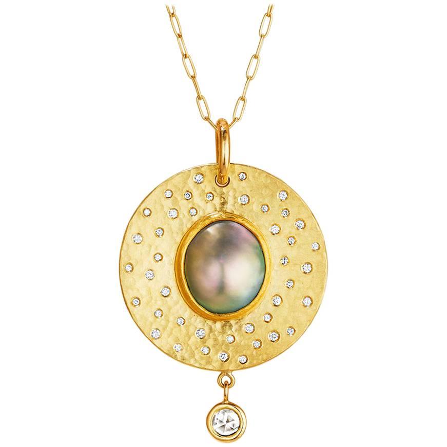 Large Sea of Cortez Mabe Pearl and Diamond Pendant Necklace For Sale