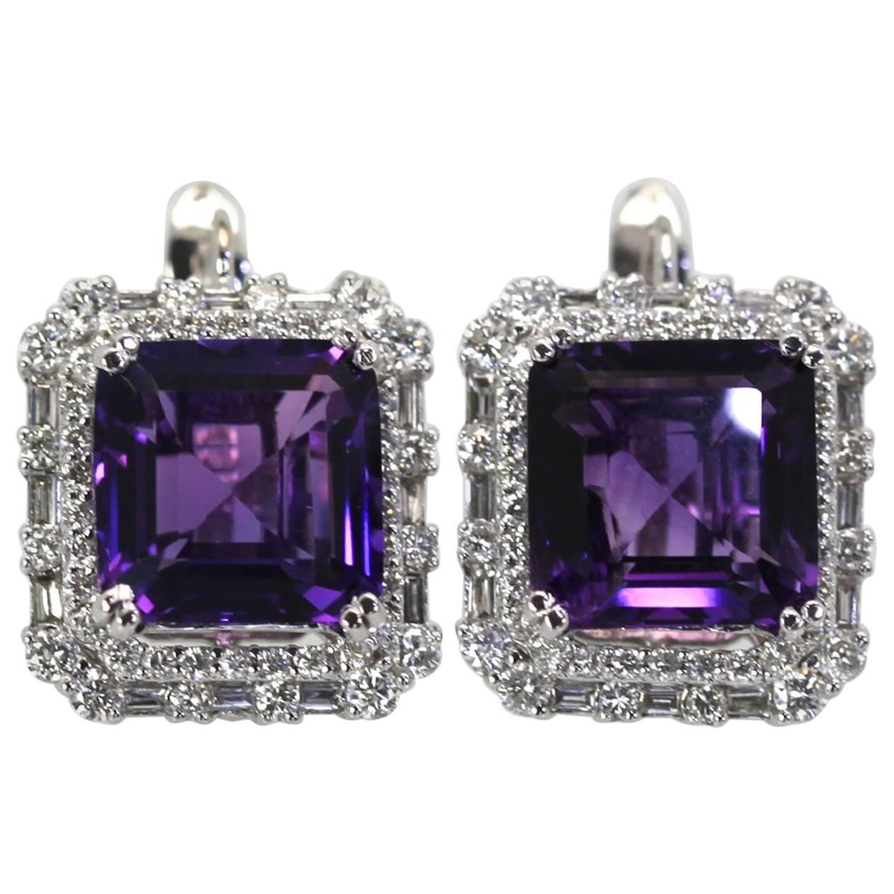 Deep Purple Amethyst 10 Carat Diamond Earrings 18 Karat White Gold For Sale