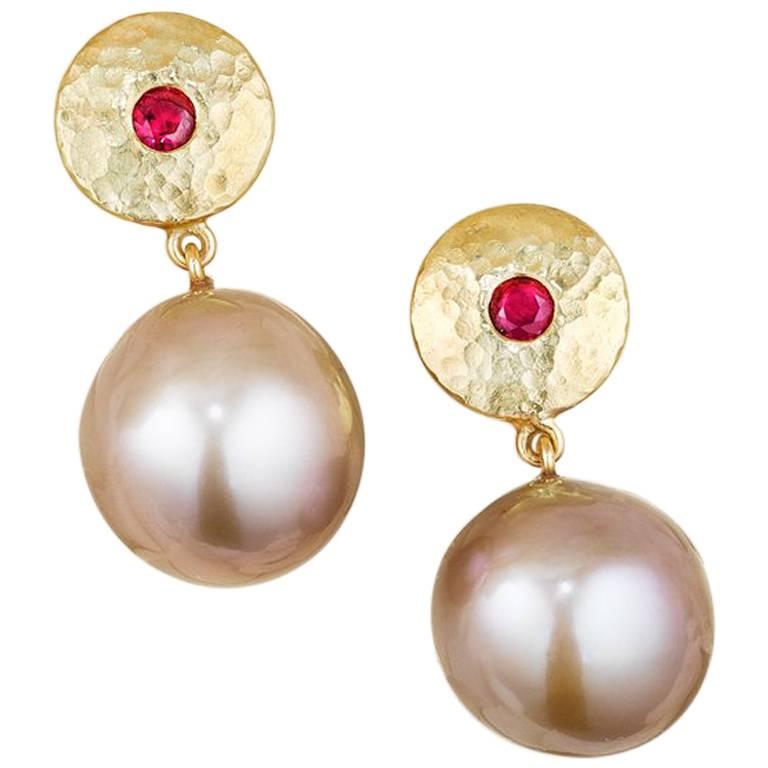 12 mm Violet Kasumi Japanese Pearl and Gemfields Ruby Earrings For Sale