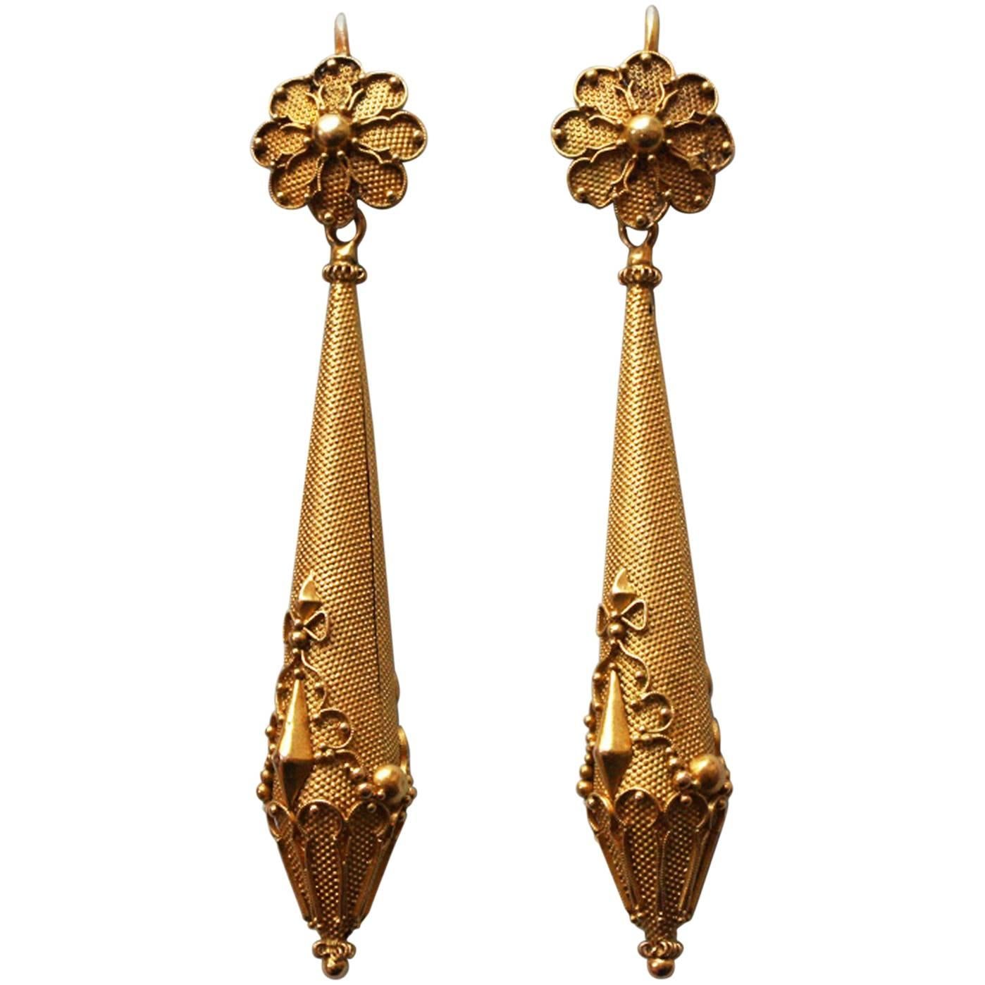 Antique English Regency Long Gold Earrings