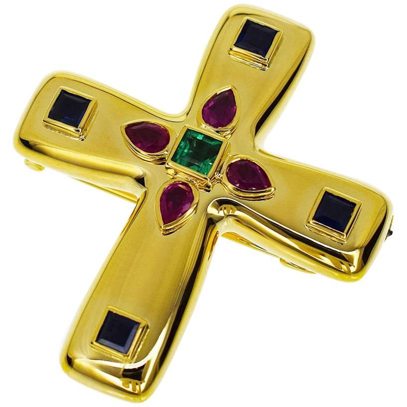 Cartier Byzantine Cross MM Brooch Pendant Top 18 Karat Yellow Gold, 1993