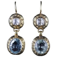 Antique Victorian 18 Carat Gold Aquamarine White Sapphire Earrings, circa 1900